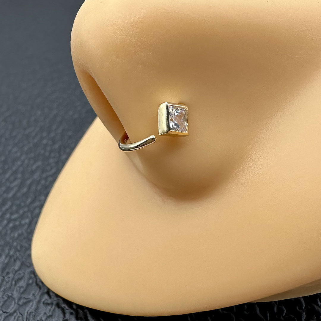 14k CZ Princess Cut Bezel Nose Hoop 18G